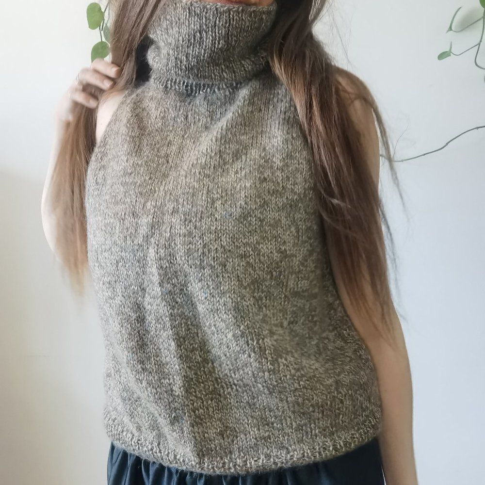 Vintage Wool Cowl Neck Sweater Vest 90s Handmade Knit Y2K Brown